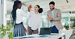 Business, laptop or team with high five celebration for investment return, KPI performance or success. Financial analyst, happy people or applause in office for risk mitigation or finance opportunity