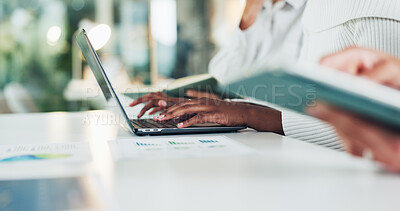 Buy stock photo Hands, business and person with laptop in office for data analysis, finance report and profit stats. People, typing and pc with documents, financial infographic and revenue growth for risk assessment