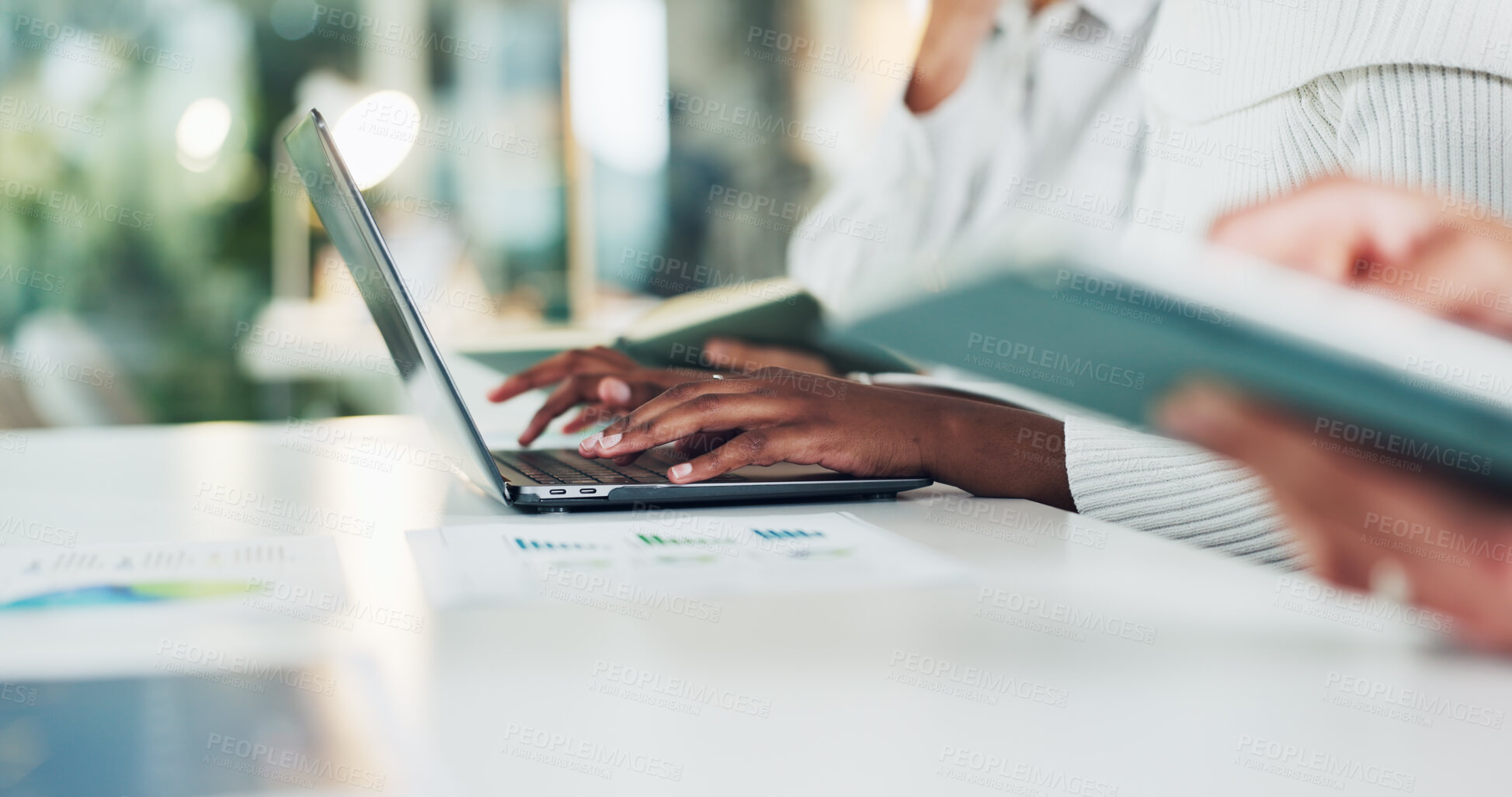 Buy stock photo Hands, business and person with laptop in office for data analysis, finance report and profit stats. People, typing and pc with documents, financial infographic and revenue growth for risk assessment