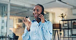 Business, phone call and black woman with smile, planning and ad agency with project feedback. African person, sales strategy and employee in office, smartphone and communication with contact or idea