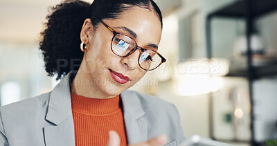 Buy stock photo Business, woman and reading with tablet in office for research, email editor and proofreading. Journalist, glasses and digital reflection for article feedback, update draft and publication submission
