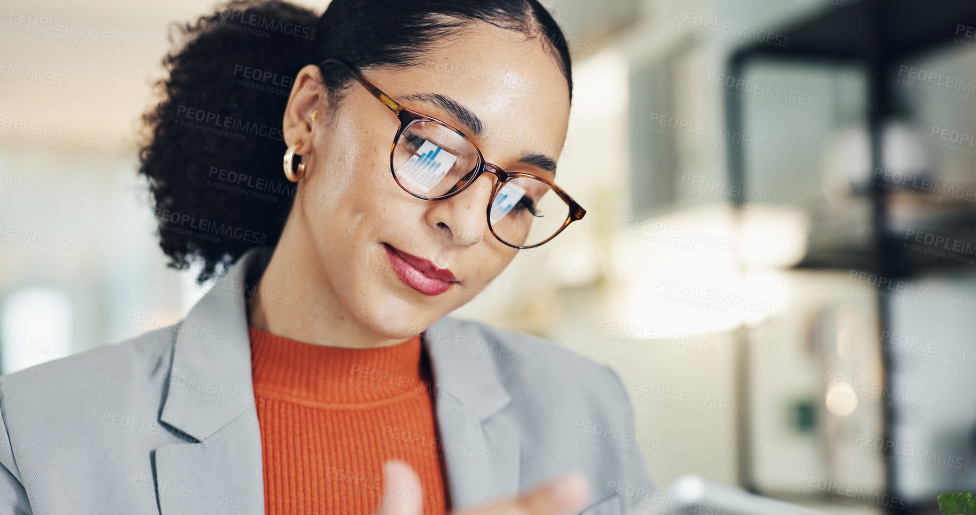 Buy stock photo Business, woman and reading with tablet in office for research, email editor and proofreading. Journalist, glasses and digital reflection for article feedback, update draft and publication submission