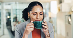 Business, woman and aroma of coffee in office for morning start, work break and creative inspiration. Publishing agency, journalist and warm beverage scent with smile for productivity and begin day