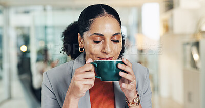Buy stock photo Business, woman and aroma of coffee in office for morning start, work break and creative inspiration. Publishing agency, journalist and warm beverage scent with smile for productivity and begin day