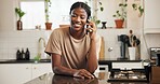 Black woman, smile and phone call with conversation in kitchen, contact and gossip in home. African person, smartphone and happy with funny chat, discussion or listen to story in morning at apartment