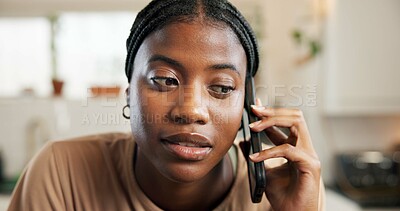 Buy stock photo Black woman, smile and phone call with talk in kitchen, contact and gossip at apartment. African person, smartphone and happy with connection, discussion and listen to story in morning at house