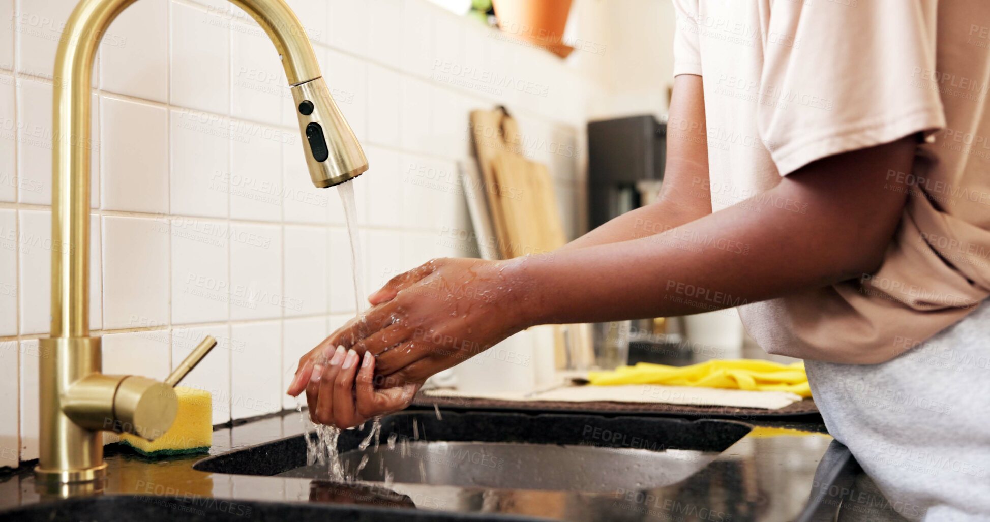 Buy stock photo Washing hands, water and faucet in kitchen for hygiene, rinse and bacteria for wellness at house. Person, cleaning and tap for healthy skin, germs or dirt removal for virus in morning at apartment