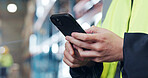 Supply chain, phone and hands of worker in warehouse for typing message, online checklist and website. Logistics, distribution and person on smartphone for shipping schedule, inventory and delivery