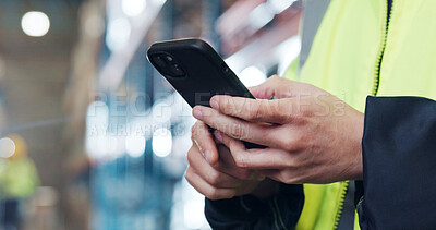 Buy stock photo Supply chain, phone and hands of worker in warehouse for typing message, online checklist and website. Logistics, distribution and person on smartphone for shipping schedule, inventory and delivery