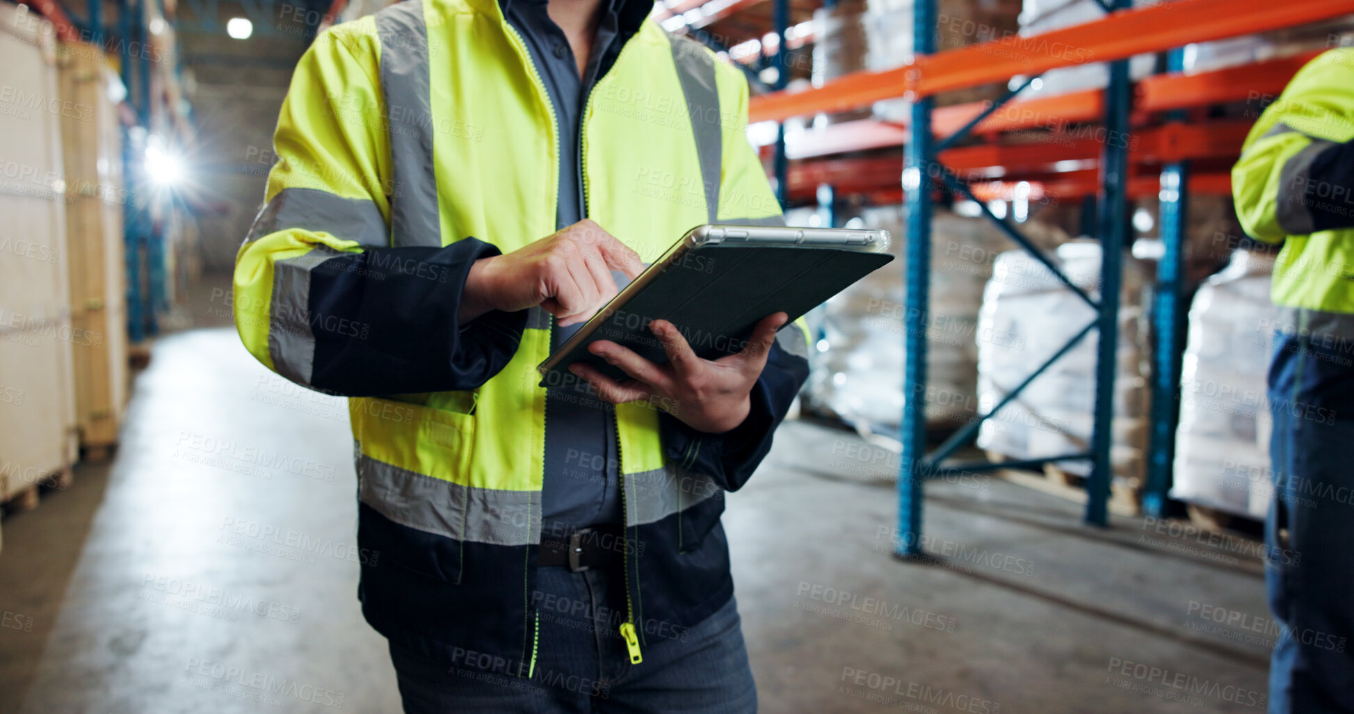 Buy stock photo Tablet, logistics worker and hands in warehouse for distribution, supply chain or check stock. Digital technology, shipping and person with inventory management for cargo,  storage or quality control