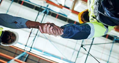 Buy stock photo Business people, handshake or logistics with team below for partnership or distribution in storage. Employees, colleagues or distributor shaking hands with deal for shipping or supply chain in depot