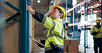 Logistics, scan and man with clipboard in warehouse for supply chain, distribution and inventory. Inspection, storage depot and person with barcode for shipping order, manufacturing and delivery