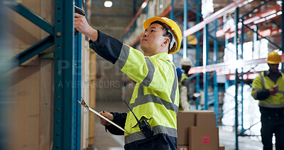 Buy stock photo Logistics, scan and man with clipboard in warehouse for supply chain, distribution and inventory. Inspection, storage depot and person with barcode for shipping order, manufacturing and delivery