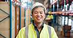 Portrait, logistics engineer and man in warehouse, happy and pride for distribution of supply chain. Shipping, goods and person with helmet for safety, smile or confident for production in factory