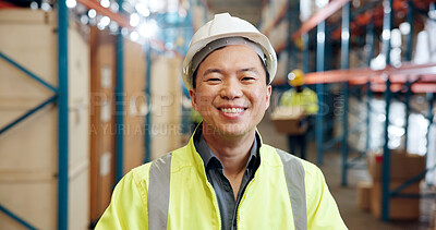 Buy stock photo Portrait, logistics engineer and man in warehouse, happy and pride for distribution of supply chain. Shipping, goods and person with helmet for safety, smile or confident for production in factory