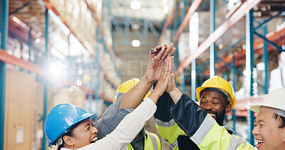 Buy stock photo High five, manufacturing and people in factory, smile and excited with distribution target. Achievement, group and employees with gesture, teamwork and cooperation with happiness, support and victory