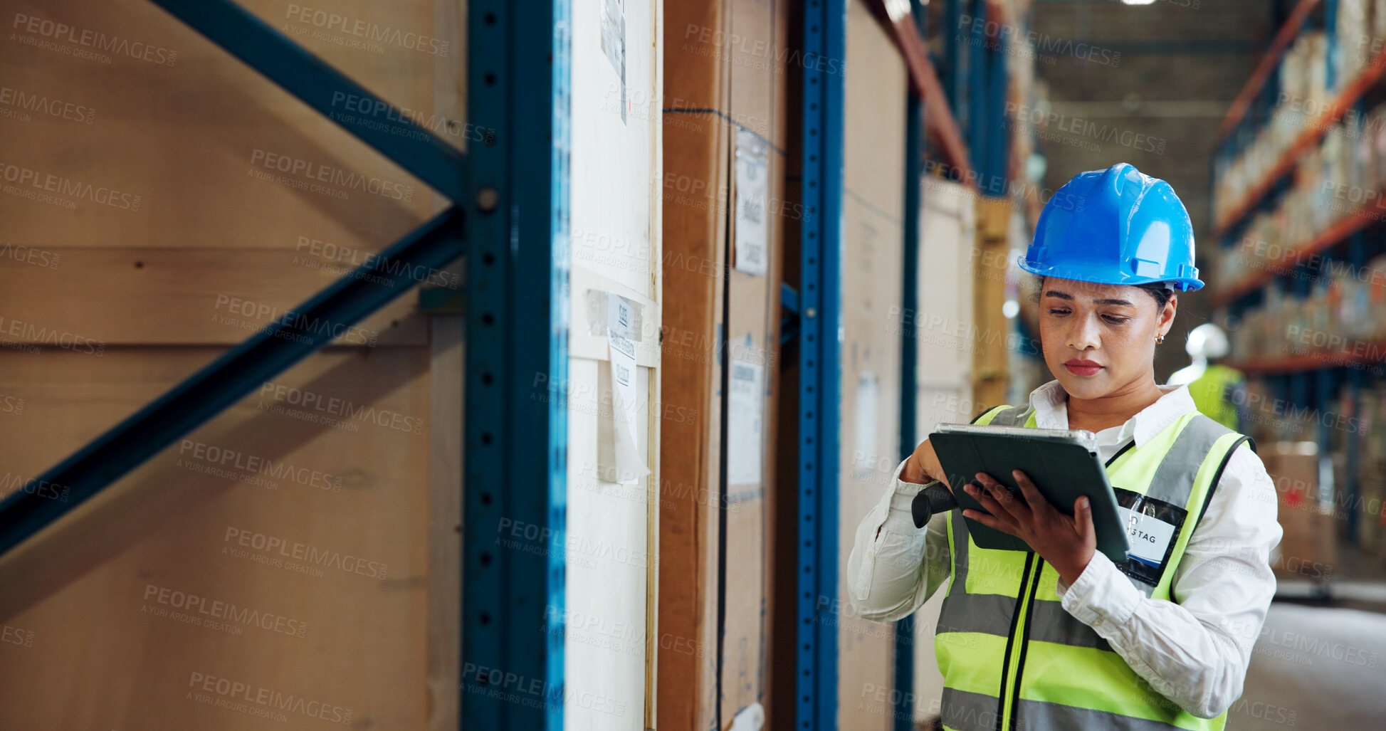 Buy stock photo Shipping, tablet and woman in warehouse, safety and logistics with digital app for stock. Person, tech and employee in factory, distribution management and online checklist for inventory and network