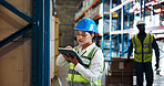 Supply chain, tablet and woman in warehouse, internet and logistics with digital app for stock. Quality control, tech or person in factory, shipping or online checklist for inventory and distribution