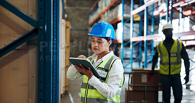 Buy stock photo Supply chain, tablet and woman in warehouse, internet and logistics with app for stock. Quality control, inspection or person in factory, shipping or online checklist for inventory and distribution