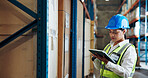 Distribution, tablet and woman in warehouse, internet and logistics with digital app for stock. Person, tech and employee in factory, shipping and online checklist for inventory and manufacturing