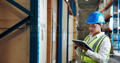 Buy stock photo Distribution, tablet and woman in warehouse, internet and logistics with digital app for inspection. Person, tech or employee in factory, shipping and online checklist for inventory and manufacturing