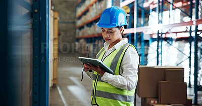 Buy stock photo Tablet, logistics worker and woman in warehouse for distribution, supply chain or check stock. Digital technology, shipping and person with inventory management for cargo,  storage or quality control