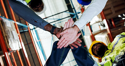 Buy stock photo Hands together, team and low angle at warehouse for logistics, motivation or connection for career at plant. People, group and stack for supply chain, celebration or inventory management for shipping