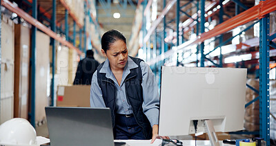 Buy stock photo Computer, confused and woman in warehouse for shipping, distribution and production in factory. Ecommerce, logistics and person on pc with inventory mistake, checklist and order backlog for delivery