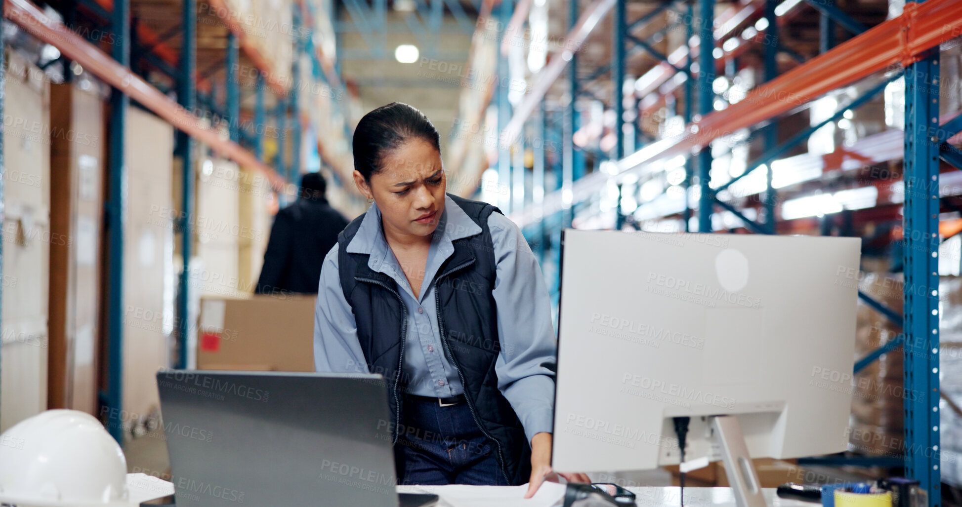 Buy stock photo Computer, confused and woman in warehouse for shipping, distribution and production in factory. Ecommerce, logistics and person on pc with inventory mistake, checklist and order backlog for delivery