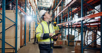 Inspection, logistics and man in warehouse with tablet for storage, supply chain or check stock. Tech, shipping and person with inventory management for planning, problem solving or think with flare