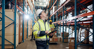 Buy stock photo Inspection, logistics and man in warehouse with tablet for storage, supply chain or check stock. Tech, shipping and person with inventory management for planning, problem solving or think with flare