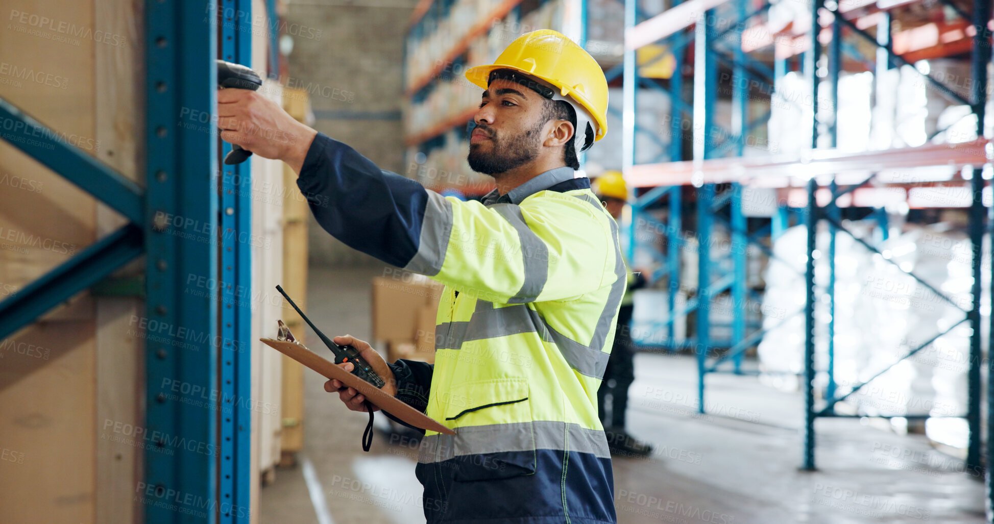 Buy stock photo Distribution, scan and man with clipboard in warehouse for supply chain, shipping and inventory. Inspection, storage depot and person with barcode for logistics order, manufacturing and delivery