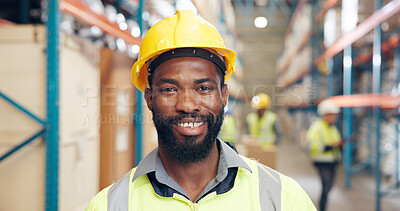 Buy stock photo Portrait, distributor and man in warehouse, logistics and confident for distribution of supply chain. Shipping, engineer and black person with helmet for safety, cargo and happy for goods in Nigeria
