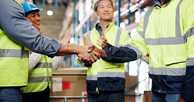 Buy stock photo Business people, handshake or logistics with applause for partnership, distribution or supply chain. Employees, colleagues or distributor shaking hands with team clapping for shipping deal in depot