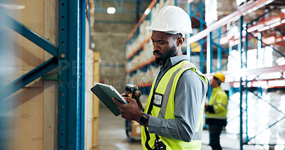 Buy stock photo Shipping, scan and man on tablet in warehouse for supply chain, distribution and inventory. Inspection, storage depot and person with barcode on tech for logistics order, manufacturing and delivery