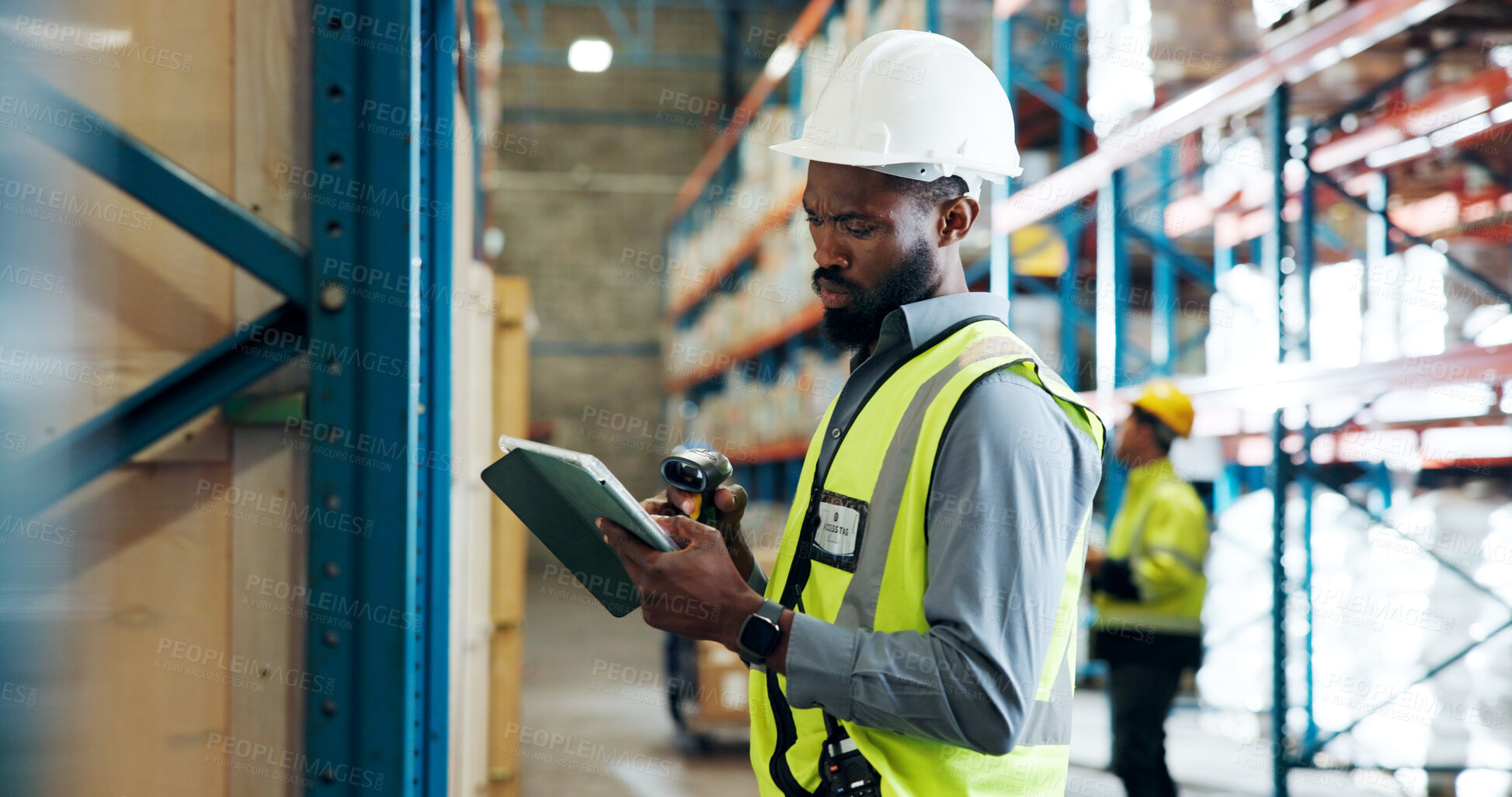 Buy stock photo Shipping, scan and man on tablet in warehouse for supply chain, distribution and inventory. Inspection, storage depot and person with barcode on tech for logistics order, manufacturing and delivery