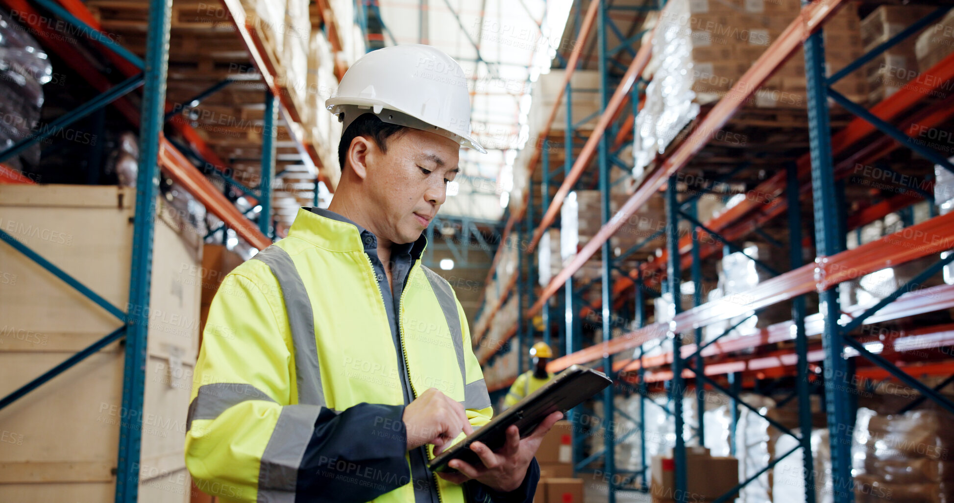 Buy stock photo Businessman, logistics and checking inventory with tablet in warehouse for quality control in depot. Man, employee or distributor with technology for stock management, supply chain or distribution