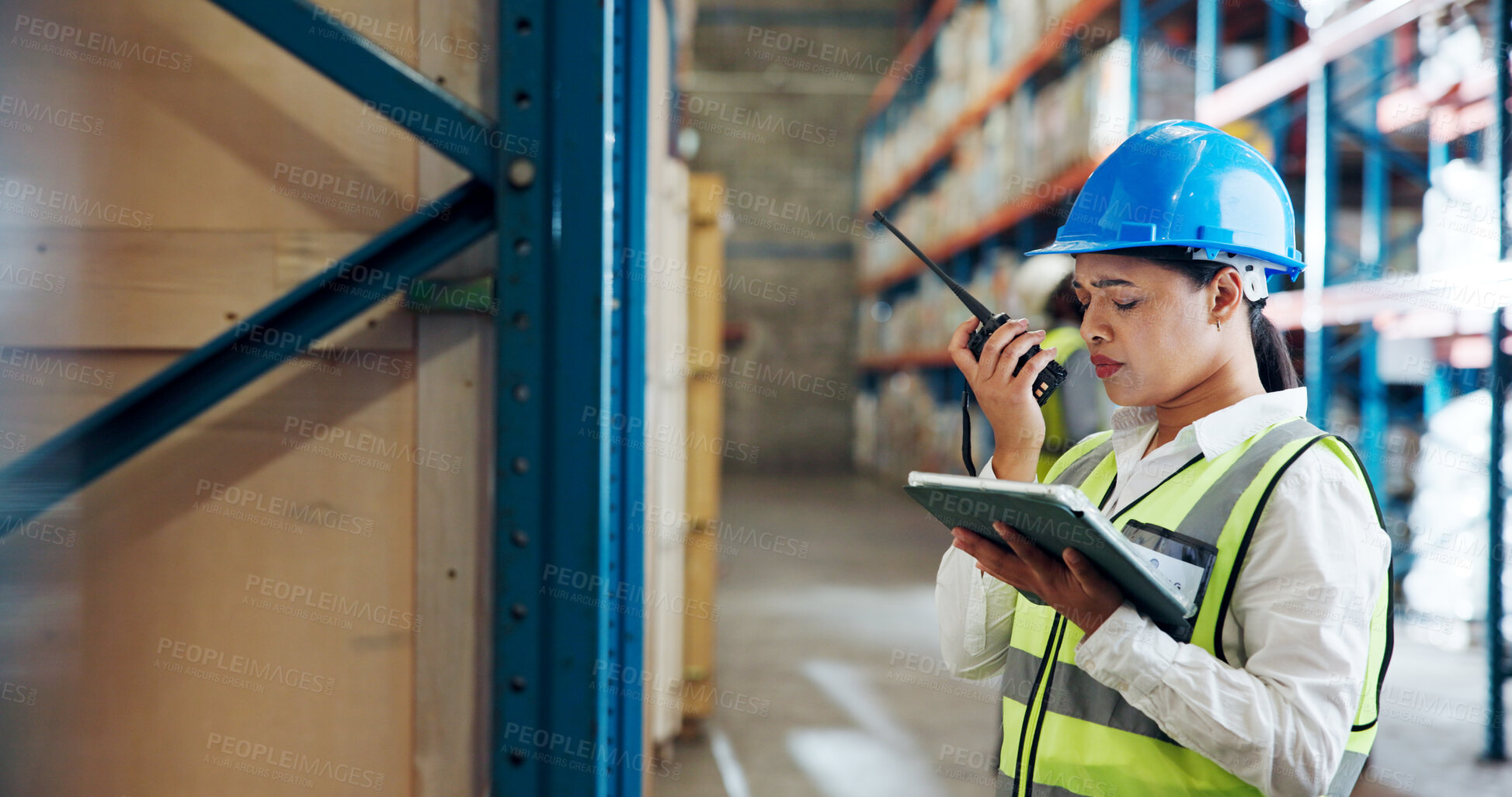 Buy stock photo Woman, logistics or radio with tablet in warehouse for stock error or missing inventory check. Female person, employee or distributor with concern, technology or supply chain issue for fail shipment