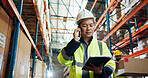 Man, phone call and tablet at warehouse for logistics, contact and schedule for supply chain job. Person, tech and smartphone for communication, low angle or talk with inventory management at plant