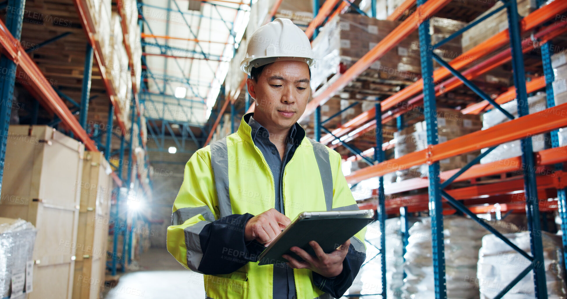 Buy stock photo Tablet, shipping and Asian man in warehouse for distribution, supply chain or check stock. Technology, logistics worker and person with inventory management for cargo, storage and quality control