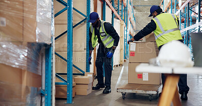 Buy stock photo Man, team and trolley with boxes at warehouse, logistics and helping hand with storage. People, supply chain and package for inventory management, export or distribution job at shipping company