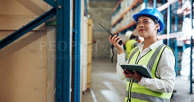 Buy stock photo Happy woman, logistics and radio with tablet in warehouse for stock control or inventory in depot. Female person, employee or distributor with smile or technology for communication or inspection