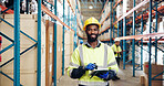 Portrait, engineer and man with tablet, warehouse and research for distribution, app or supply chain. Shipping, goods and black person with helmet for safety, logistics and tech for inventory on web