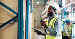 Man, radio and tablet at warehouse, logistics and checklist with application for supply chain. Person, communication and tech for inventory management, cargo and shipping for export at storage plant