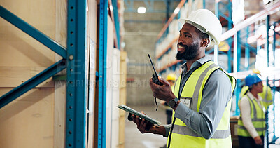 Buy stock photo Man, radio and tablet at warehouse, logistics and checklist with application for supply chain. Person, communication and tech for inventory management, cargo and shipping for export at storage plant