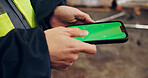 Supply chain, green screen and hands of person with phone for research, online checklist and website. Logistics, distribution and worker on smartphone for shipping schedule, inventory and delivery