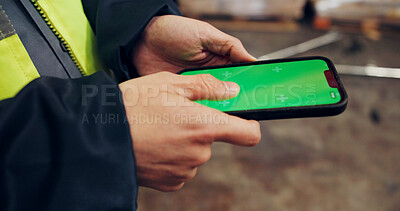 Buy stock photo Supply chain, green screen and hands of person with phone for research, online checklist and website. Logistics, mockup and worker on smartphone for shipping schedule, inventory and distribution