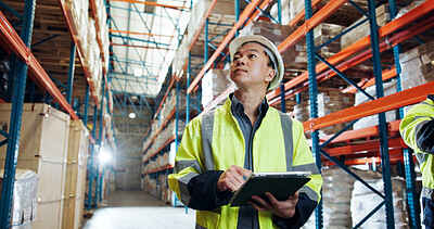Buy stock photo Inspection, distribution and man in warehouse with tablet for storage, supply chain or check stock. Tech, logistics and person with inventory management for planning, problem solving or thinking