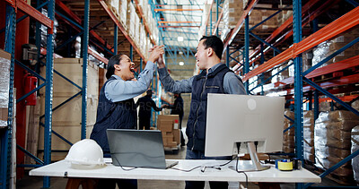 Buy stock photo Logistics, computer or team with high five in warehouse for shipping target, sales record or good news. Distribution manager, excited people and tech with celebration for supply chain deal and profit