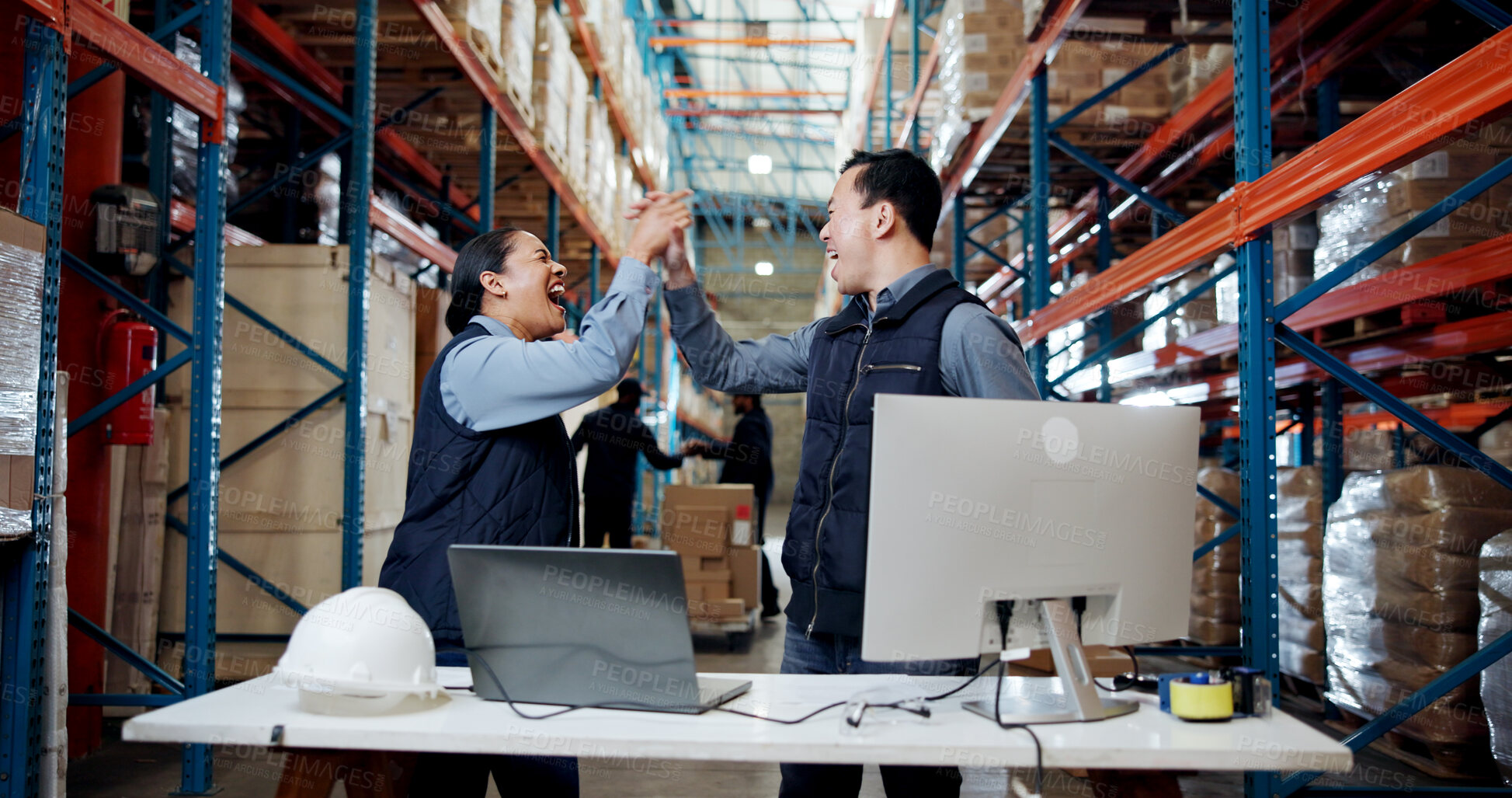 Buy stock photo Logistics, computer or team with high five in warehouse for shipping target, sales record or good news. Distribution manager, excited people and tech with celebration for supply chain deal and profit